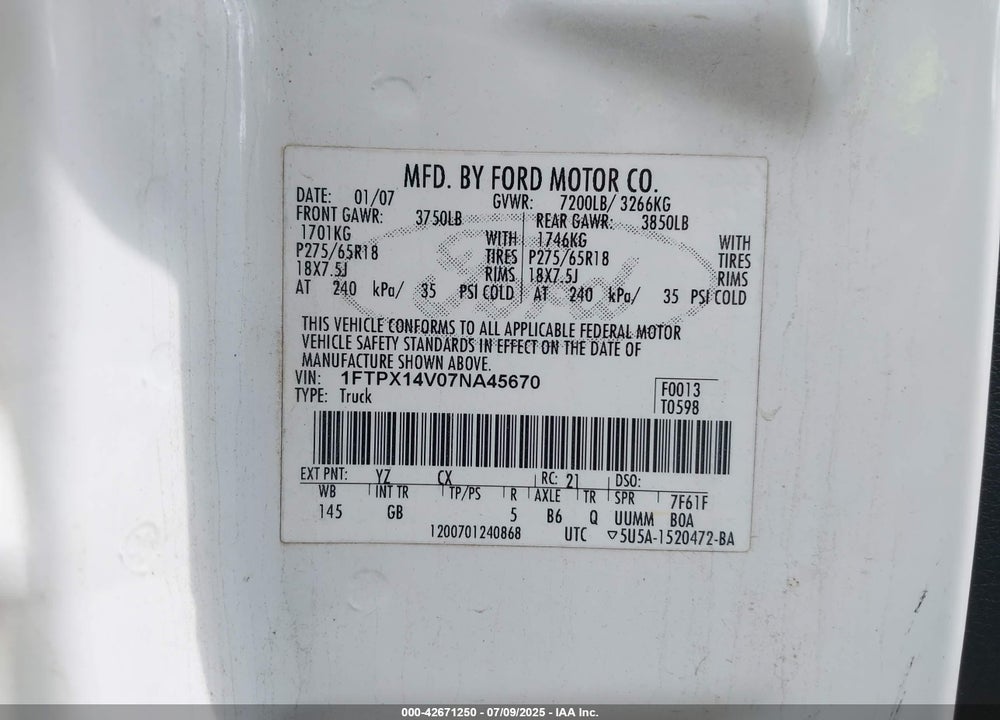 2007 FORD F-150 VIN: 1FTPX14V07NA45670
