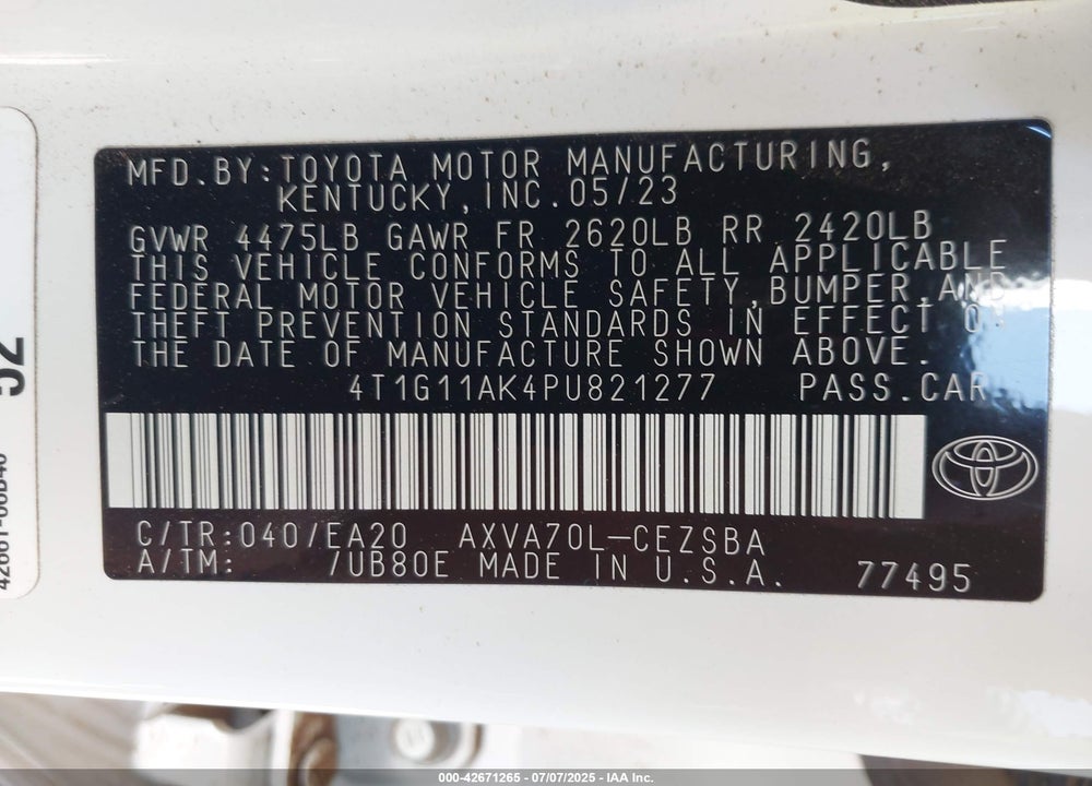 2023 TOYOTA CAMRY SE VIN: 4T1G11AK4PU821277