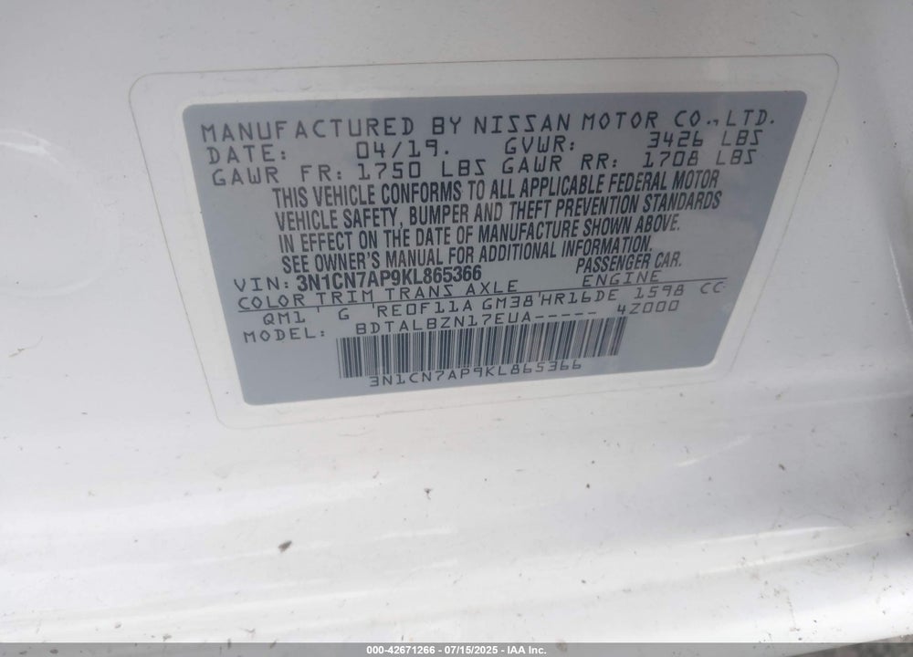 2019 NISSAN VERSA 1.6 SV VIN: 3N1CN7AP9KL865366