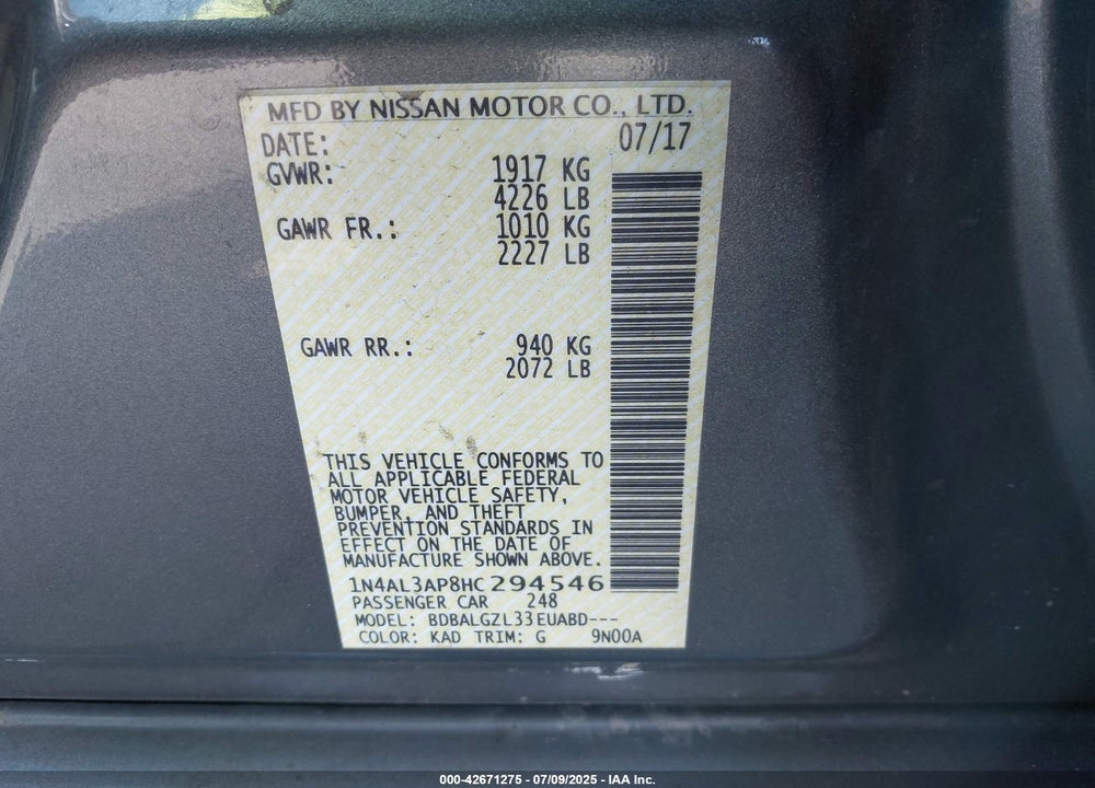 2017 NISSAN ALTIMA VIN: 1N4AL3AP8HC294546