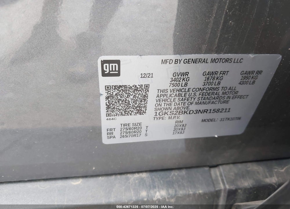 2022 GMC YUKON 4WD SLT VIN: 1GKS2BKD3NR158211