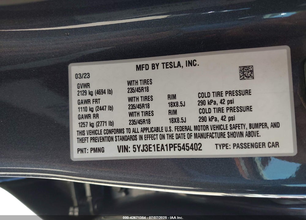 2023 TESLA MODEL 3 VIN: 5YJ3E1EA1PF545402