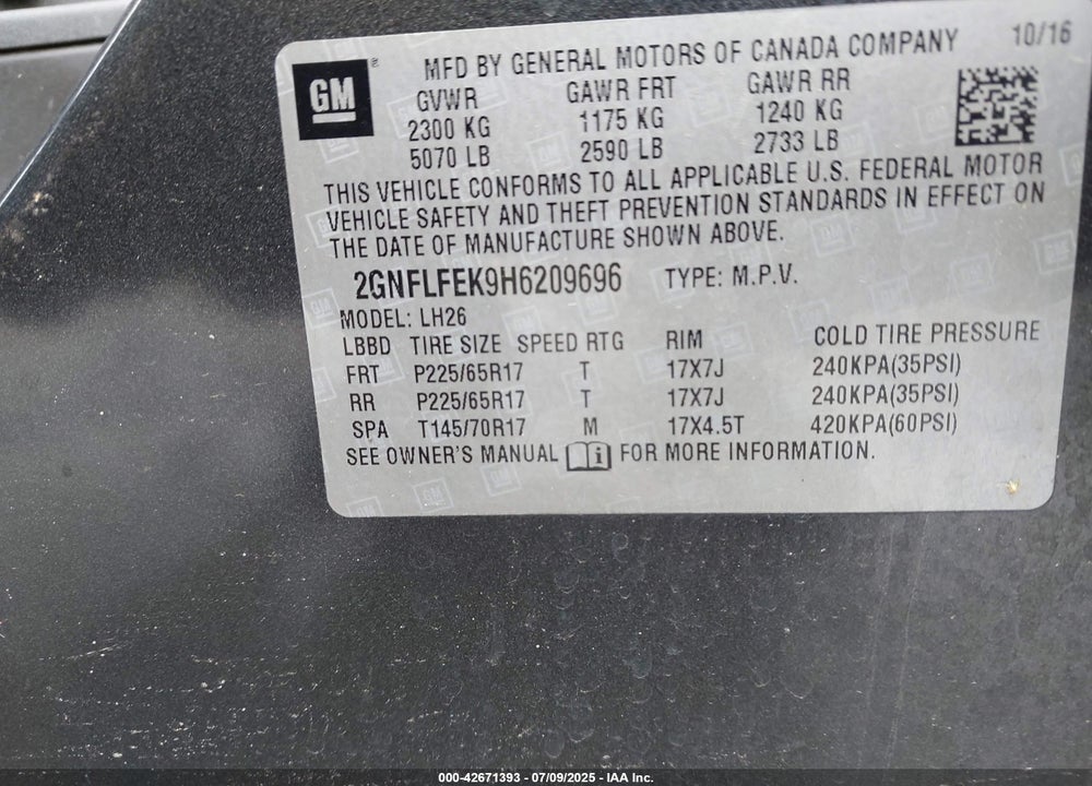 2017 CHEVROLET EQUINOX VIN: 2GNFLFEK9H6209696