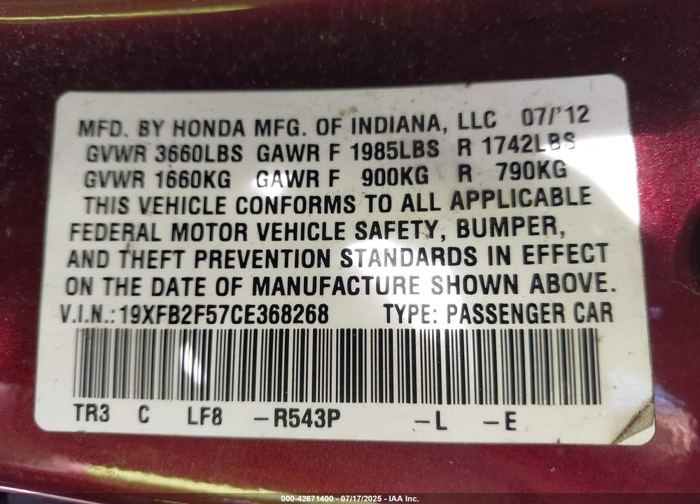 2012 HONDA CIVIC VIN: 19XFB2F57CE368268