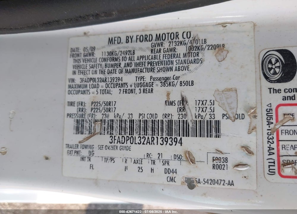 2010 FORD FUSION HYBRID VIN: 3FADP0L32AR139394