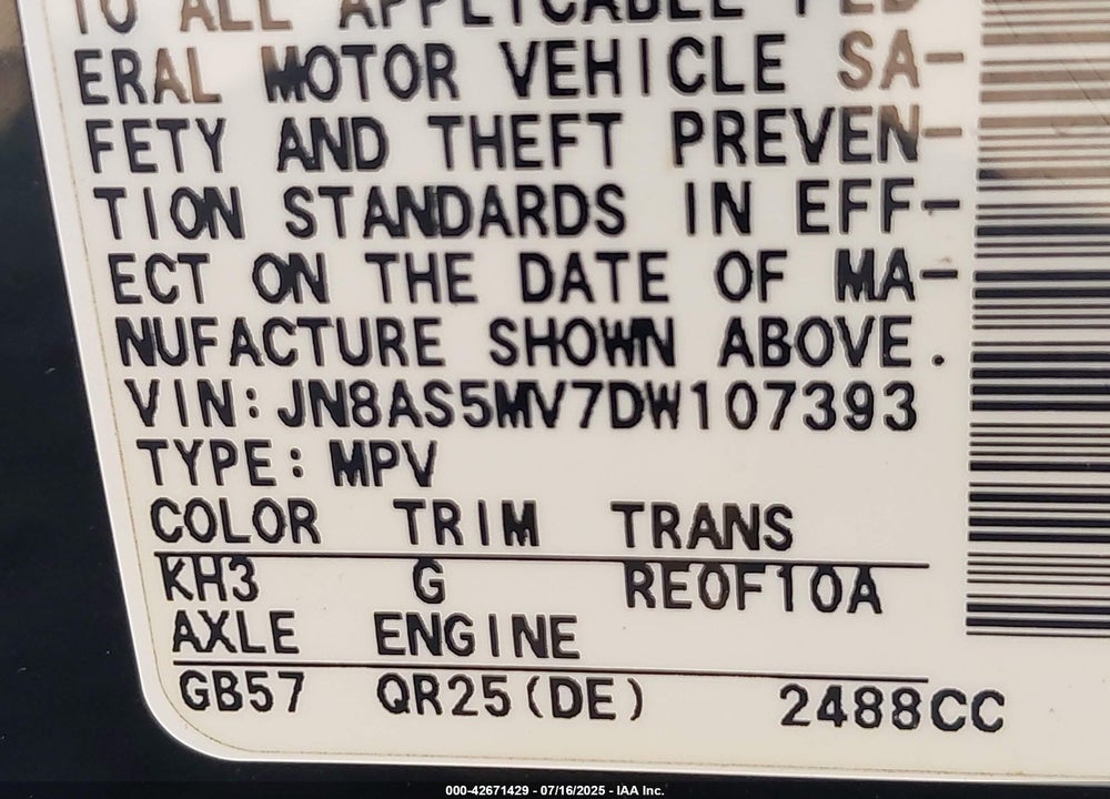 2013 NISSAN ROGUE VIN: JN8AS5MV7DW107393