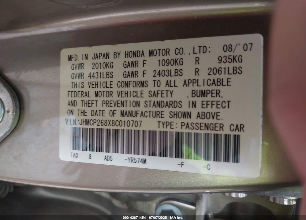 2008 HONDA ACCORD VIN: JHMCP268X8C010707