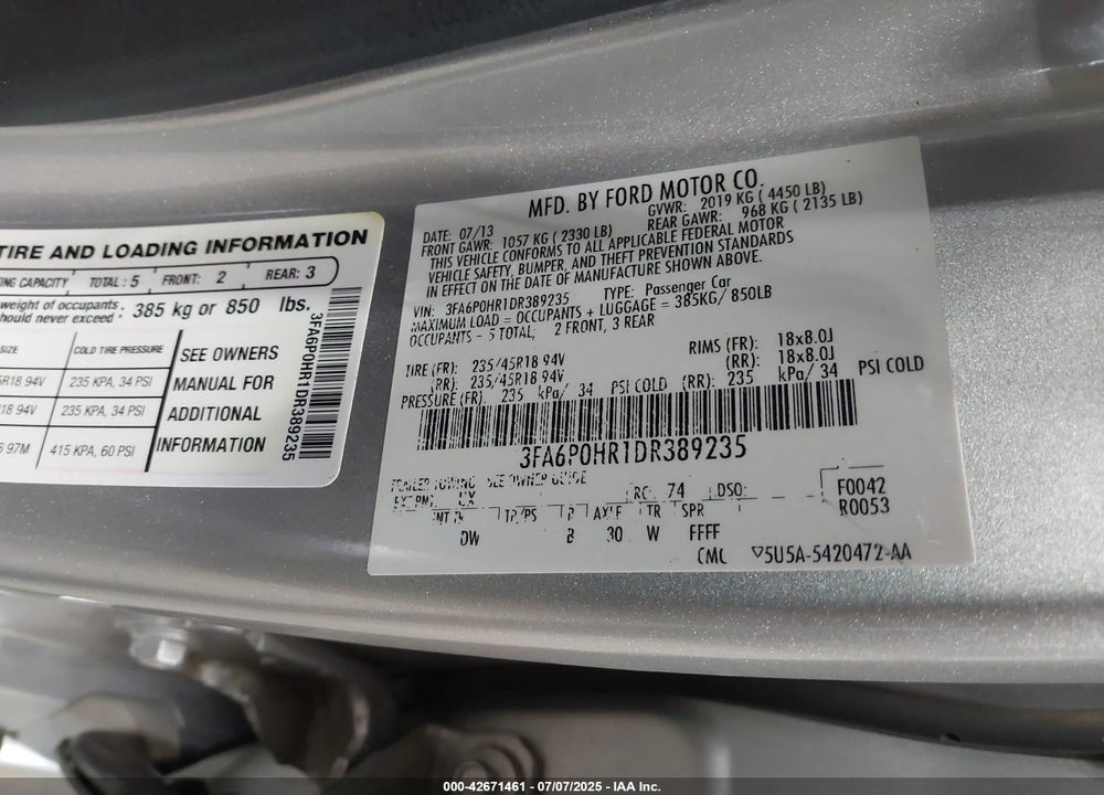 2013 FORD FUSION VIN: 3FA6P0HR1DR389235