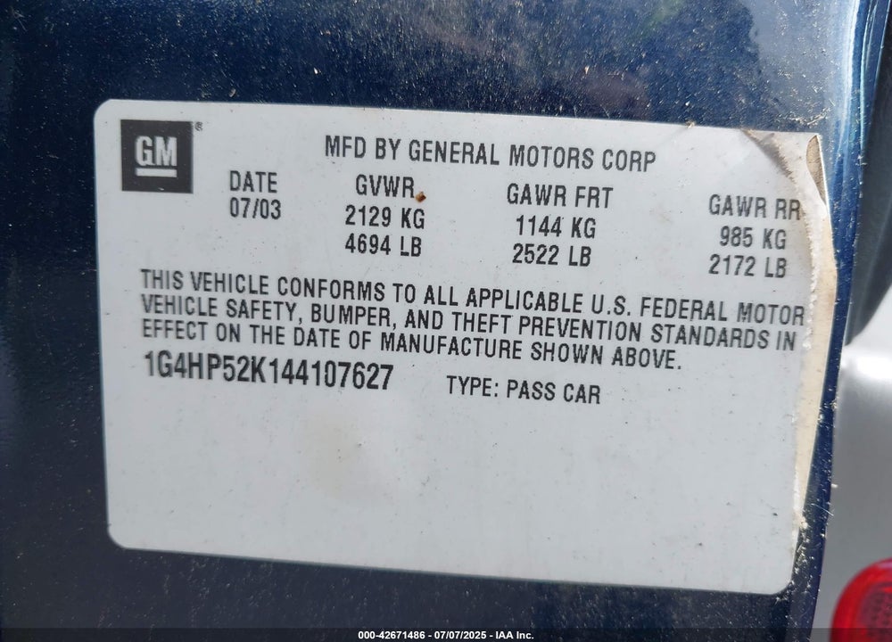 2004 BUICK LESABRE CUSTOM VIN: 1G4HP52K144107627
