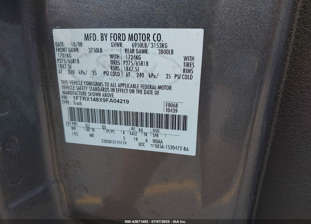 2009 FORD F-150 VIN: 1FTRX148X9FA04219