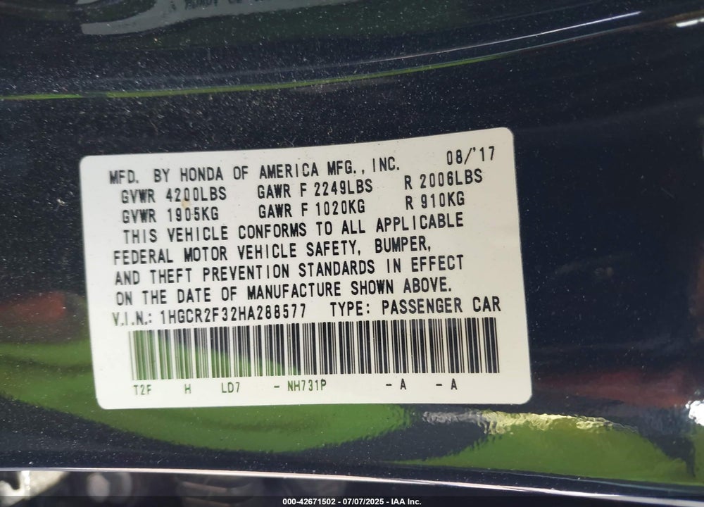 2017 HONDA ACCORD LX VIN: 1HGCR2F32HA288577