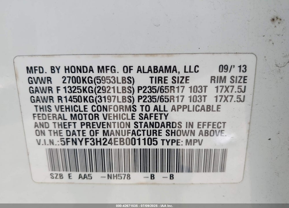 2014 HONDA PILOT VIN: 5FNYF3H24EB001105