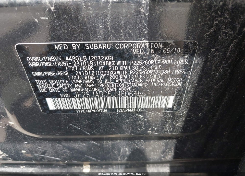 2018 SUBARU FORESTER VIN: JF2SJABC5JH606465