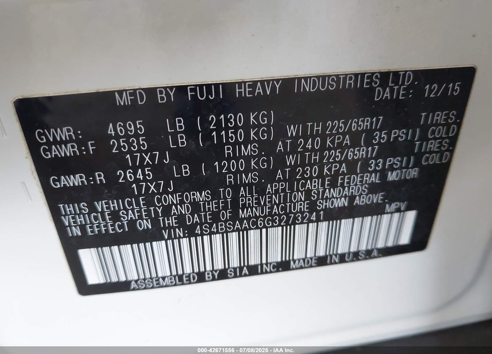 2016 SUBARU OUTBACK VIN: 4S4BSAAC6G3273241