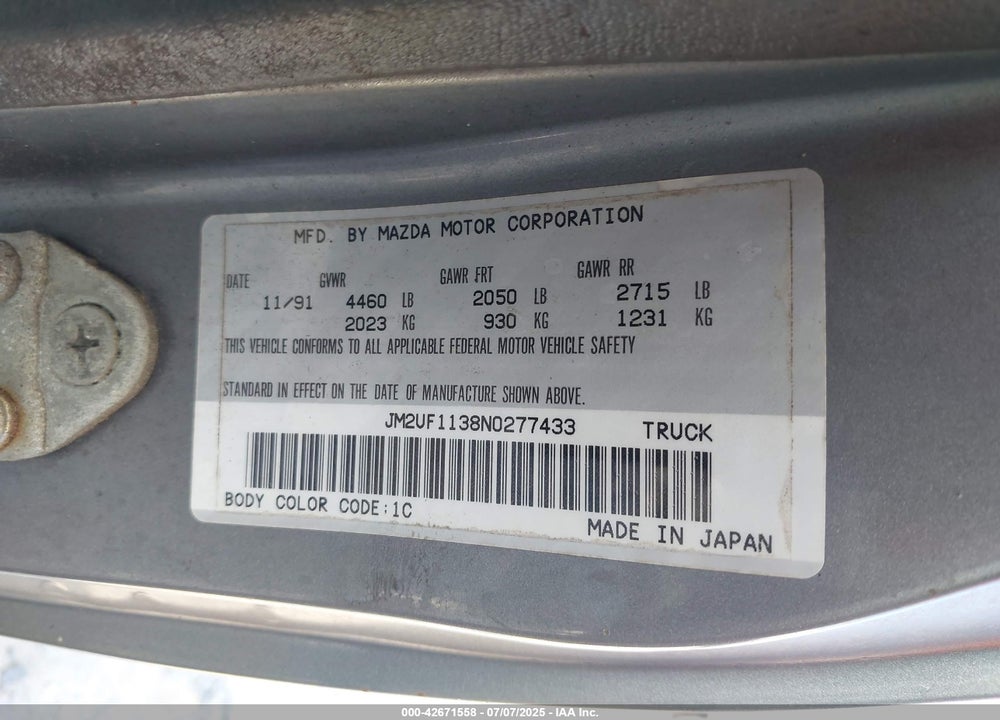 1992 MAZDA B2200 SHORT BED VIN: JM2UF1138N0277433