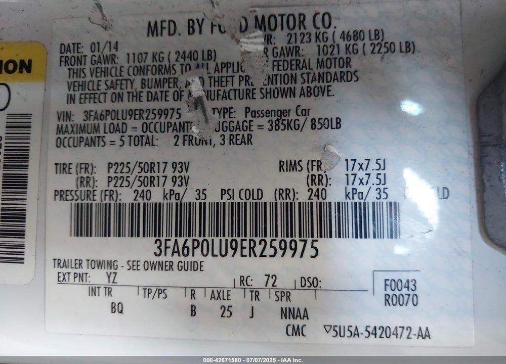2014 FORD FUSION VIN: 3FA6P0LU9ER259975