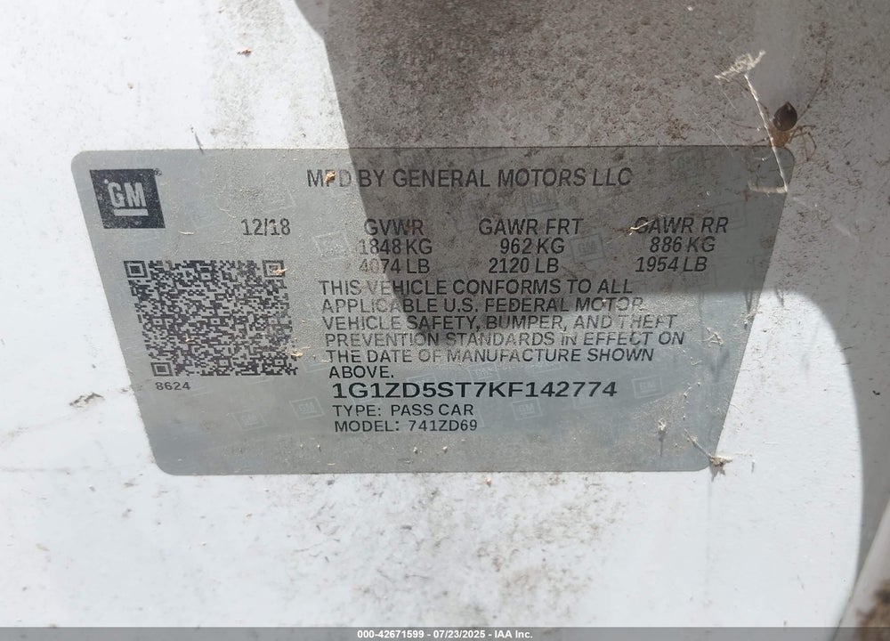 2019 CHEVROLET MALIBU VIN: 1G1ZD5ST7KF142774