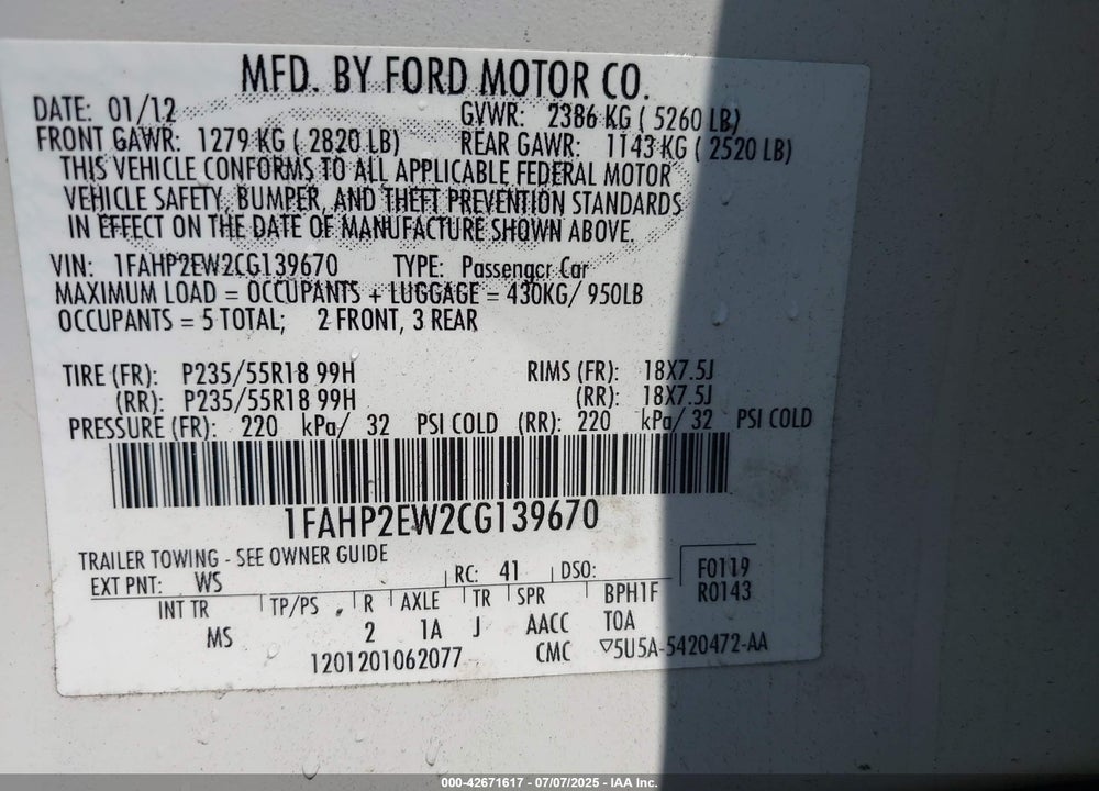 2012 FORD TAURUS SEL VIN: 1FAHP2EW2CG139670
