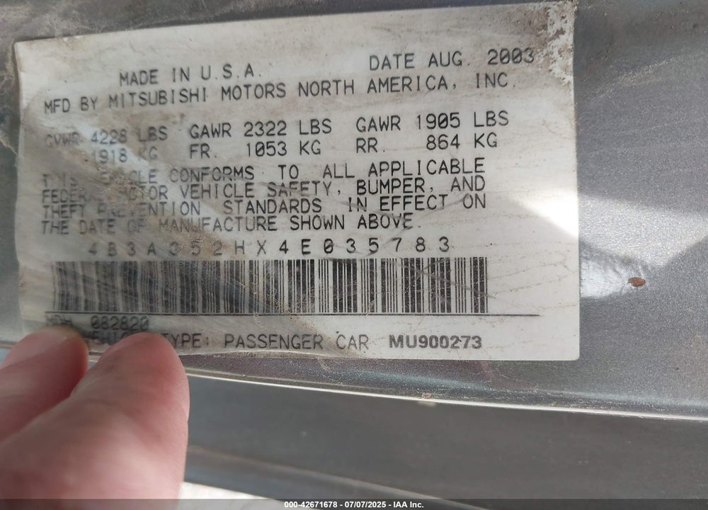 2004 DODGE STRATUS VIN: 4B3AG52HX4E035783