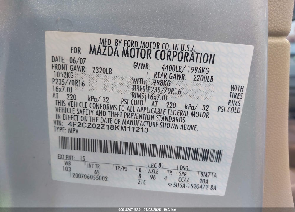 2008 MAZDA TRIBUTE VIN: 4F2CZ02Z18KM11213