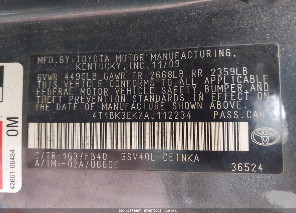 2010 TOYOTA CAMRY VIN: 4T1BK3EK7AU112234