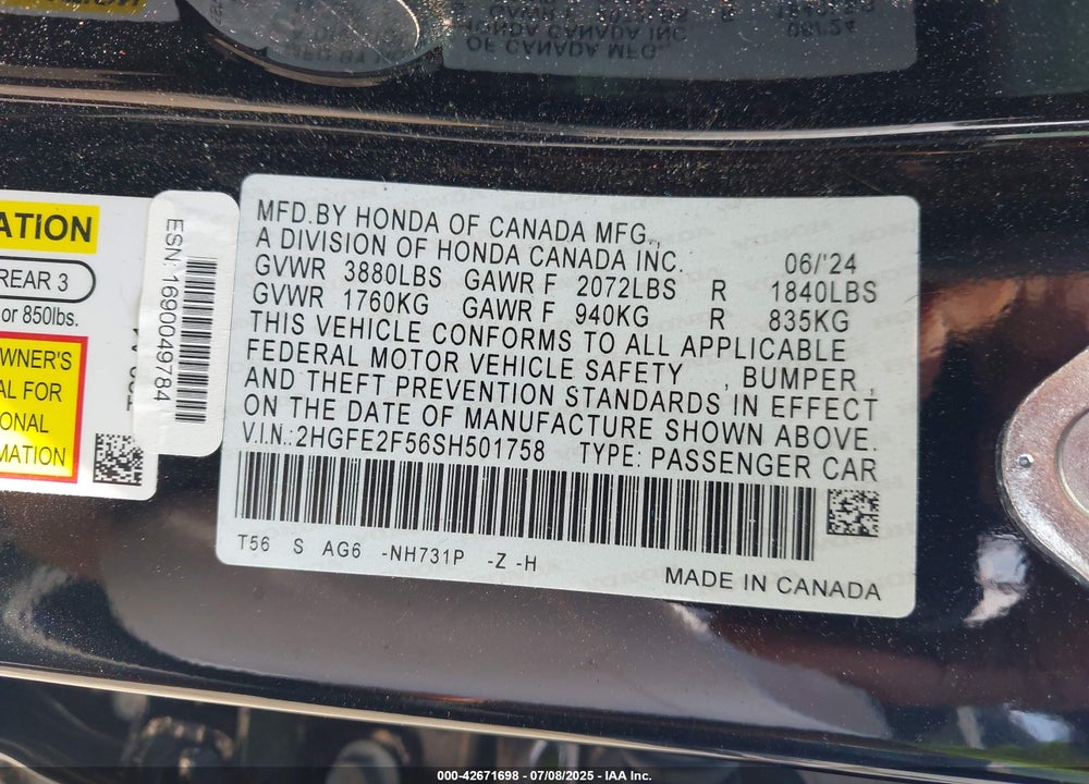 2025 HONDA CIVIC SPORT VIN: 2HGFE2F56SH501758