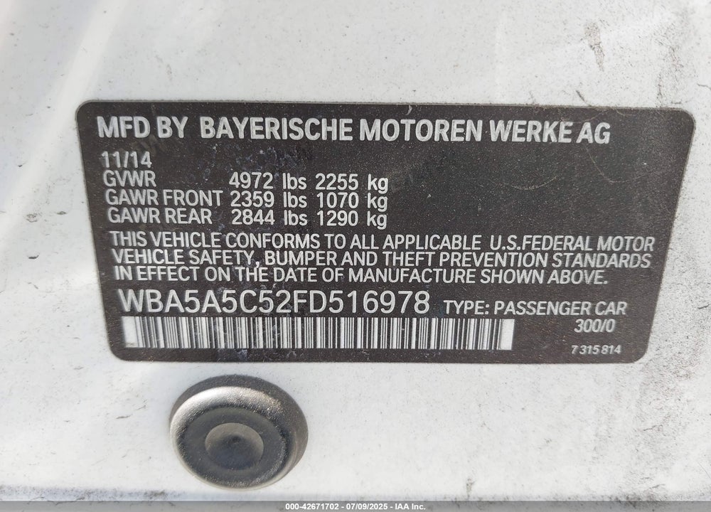 2015 BMW 528 VIN: WBA5A5C52FD516978