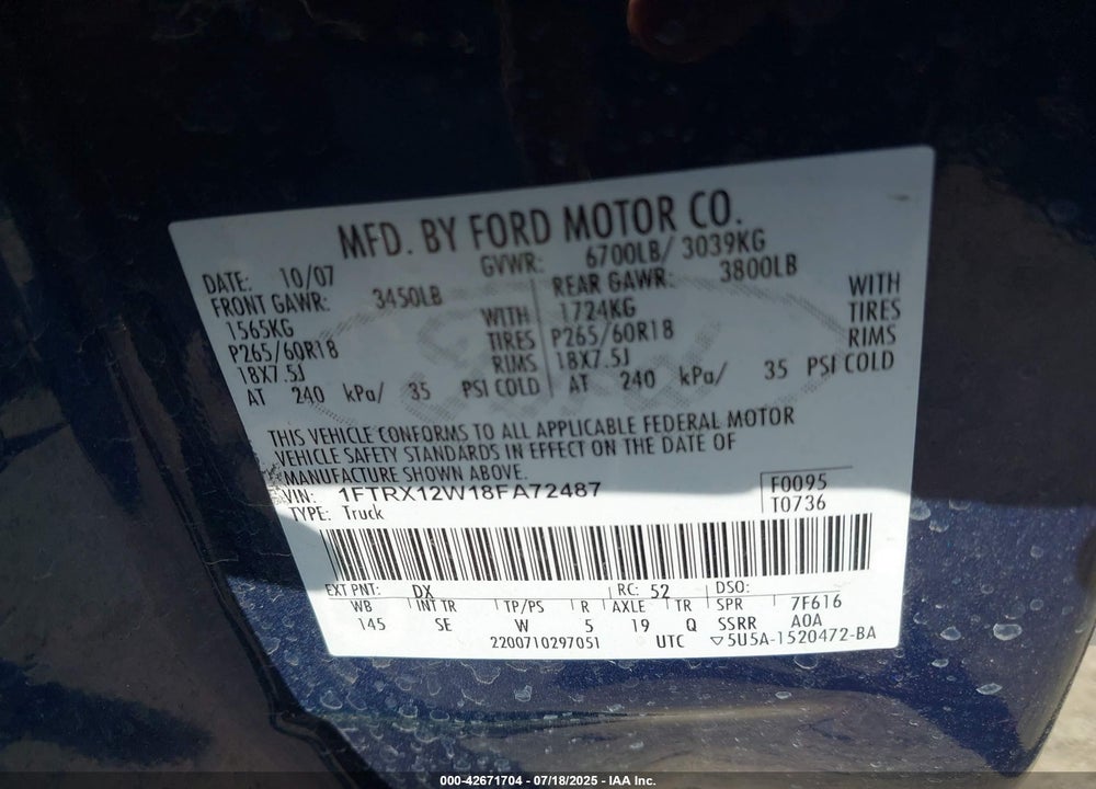 2008 FORD F-150 VIN: 1FTRX12W18FA72487