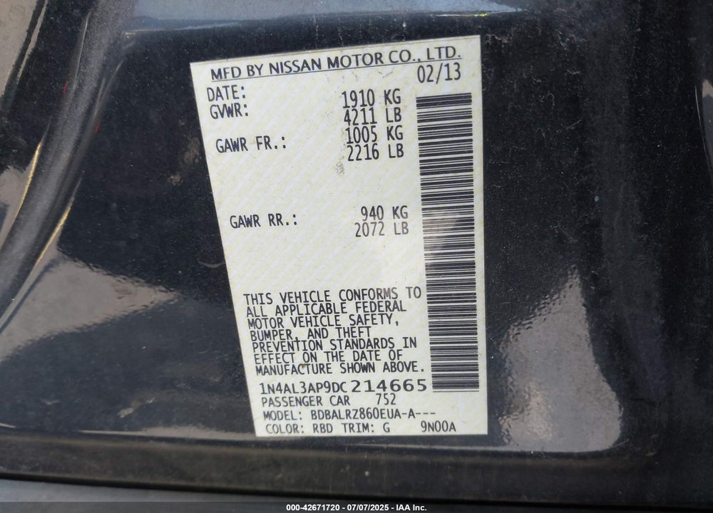 2013 NISSAN ALTIMA VIN: 1N4AL3AP9DC214665