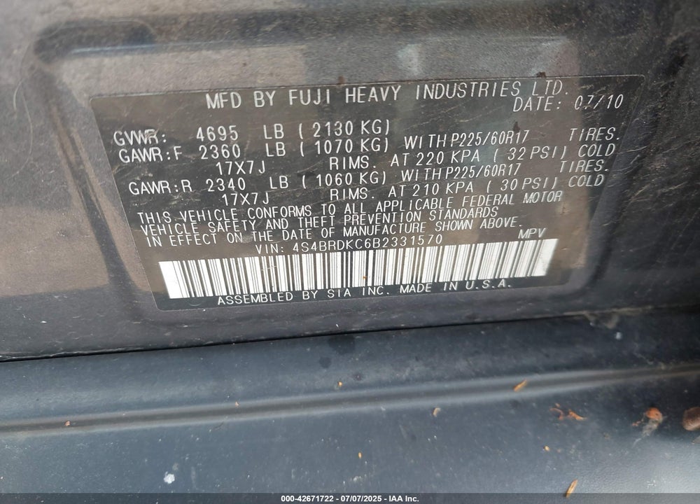 2011 SUBARU OUTBACK VIN: 4S4BRDKC6B2331570