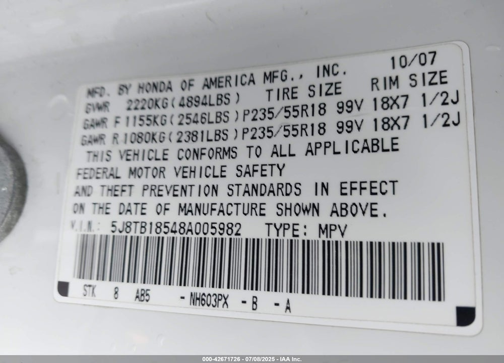 2008 ACURA RDX VIN: 5J8TB18548A005982