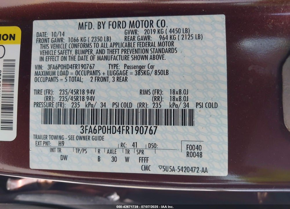 2015 FORD FUSION SE VIN: 3FA6P0HD4FR190767