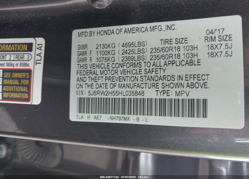 2017 HONDA CR-V VIN: 5J6RW2H55HL035848