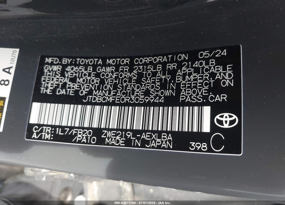 2024 TOYOTA COROLLA VIN: JTDBCMFE0R3059944