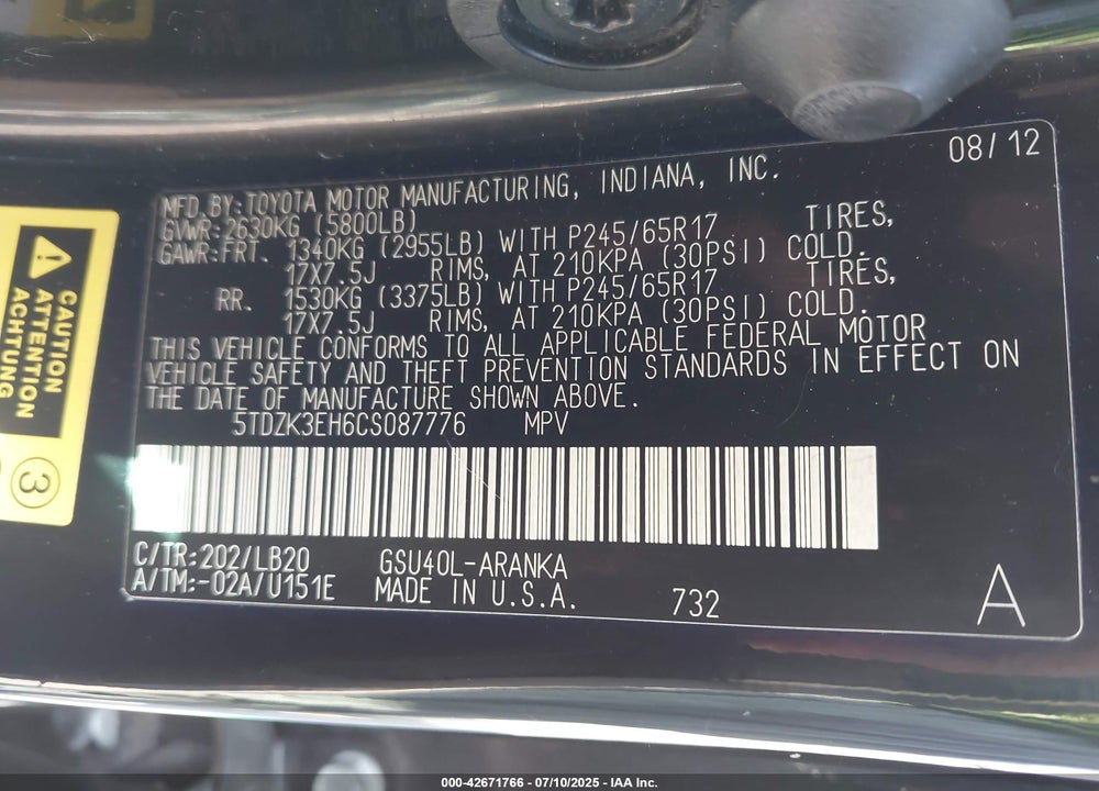 2012 TOYOTA HIGHLANDER VIN: 5TDZK3EH6CS087776