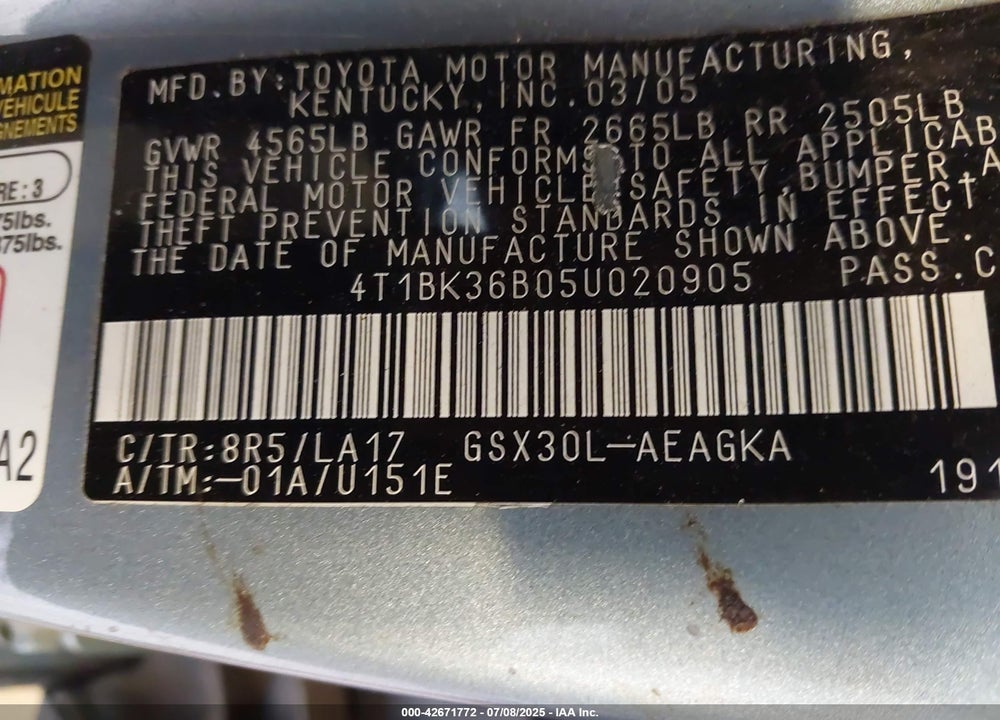 2005 TOYOTA AVALON VIN: 4T1BK36B05U020905