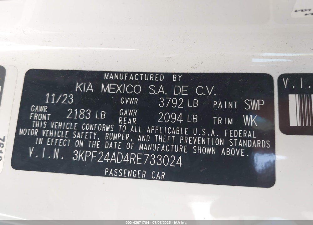 2024 KIA FORTE VIN: 3KPF24AD4RE733024