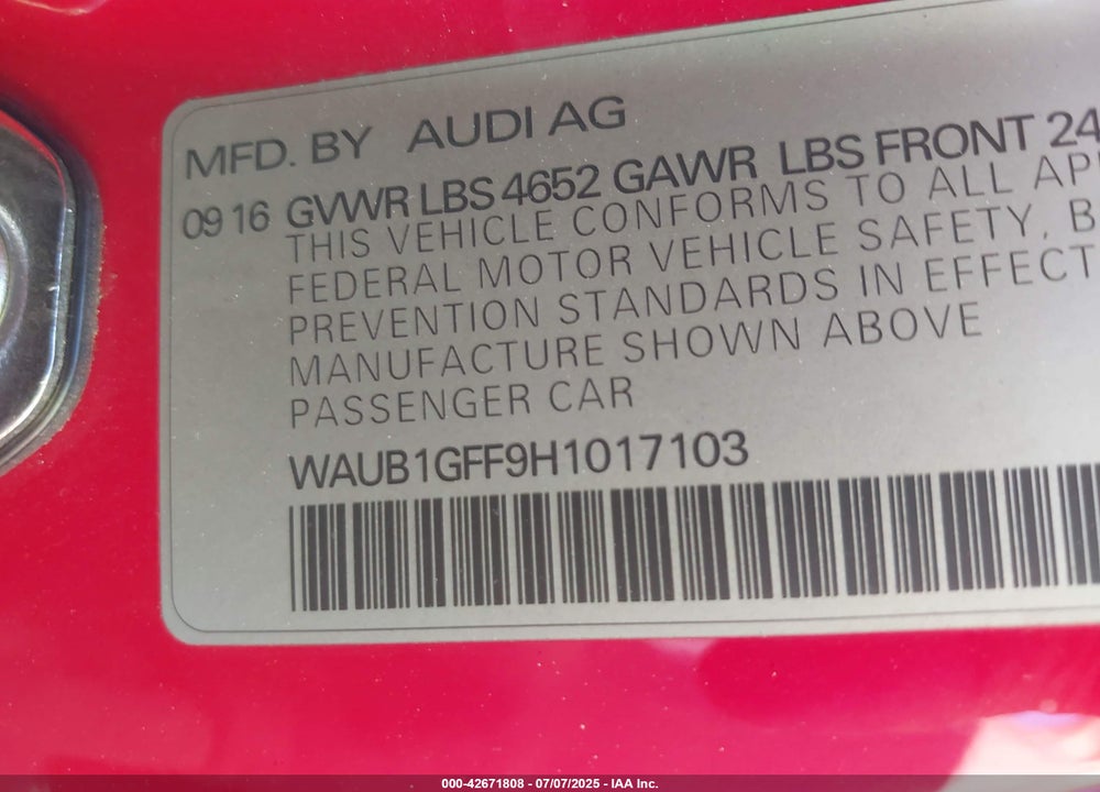 2017 AUDI S3 VIN: WAUB1GFF9H1017103
