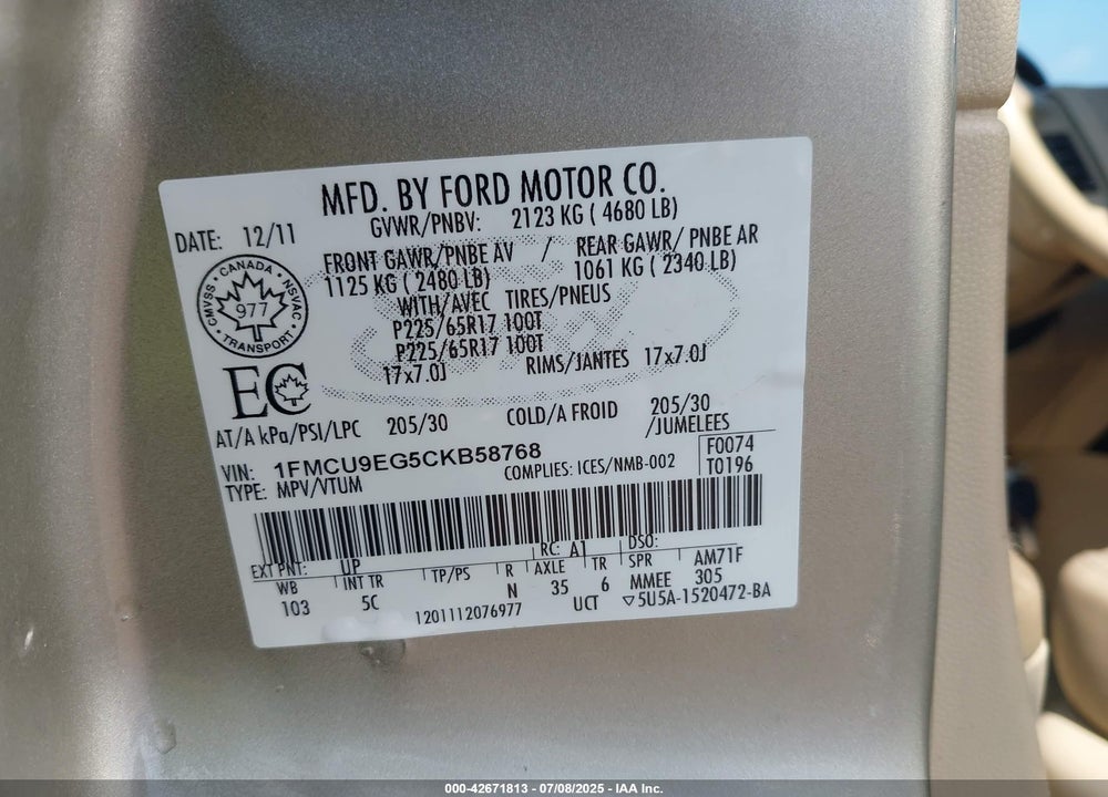 2012 FORD ESCAPE VIN: 1FMCU9EG5CKB58768