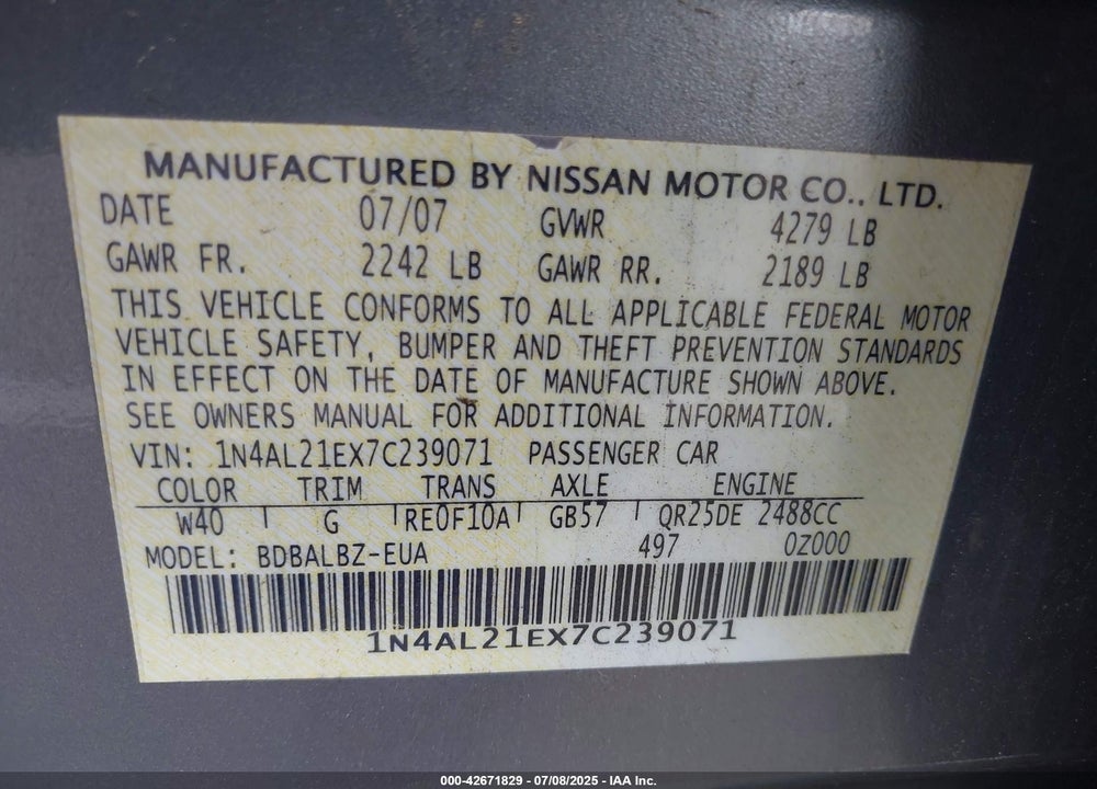 2007 NISSAN ALTIMA 2.5 S VIN: 1N4AL21EX7C239071