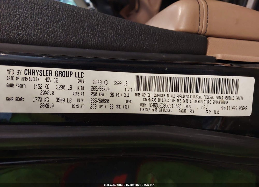 2013 DODGE DURANGO CITADEL VIN: 1C4RDJEG9DC616565