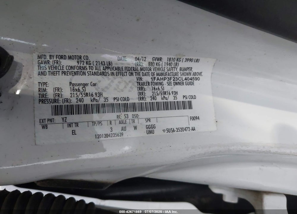 2012 FORD FOCUS VIN: 1FAHP3F23CL404590