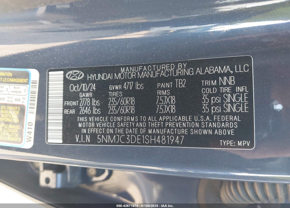 2025 HYUNDAI TUCSON VIN: 5NMJC3DE1SH481947