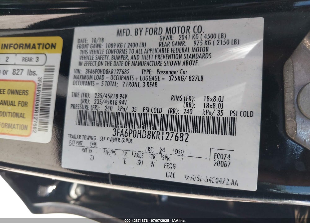 2019 FORD FUSION VIN: 3FA6P0HD8KR127682