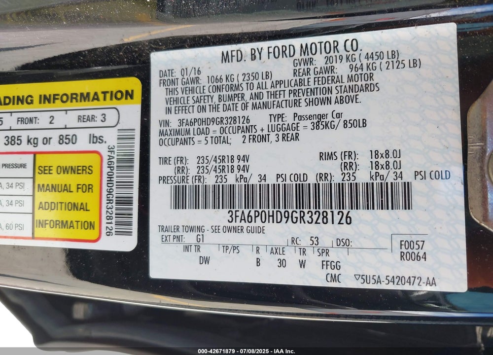 2016 FORD FUSION VIN: 3FA6P0HD9GR328126