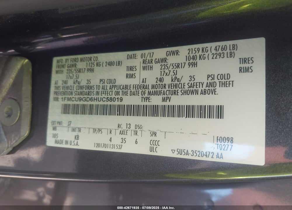 2017 FORD ESCAPE VIN: 1FMCU9GD6HUC58019