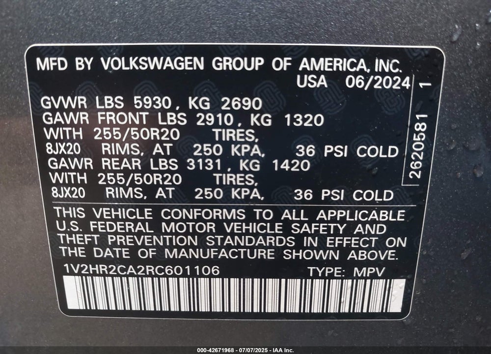 2024 VOLKSWAGEN ATLAS VIN: 1V2HR2CA2RC601106