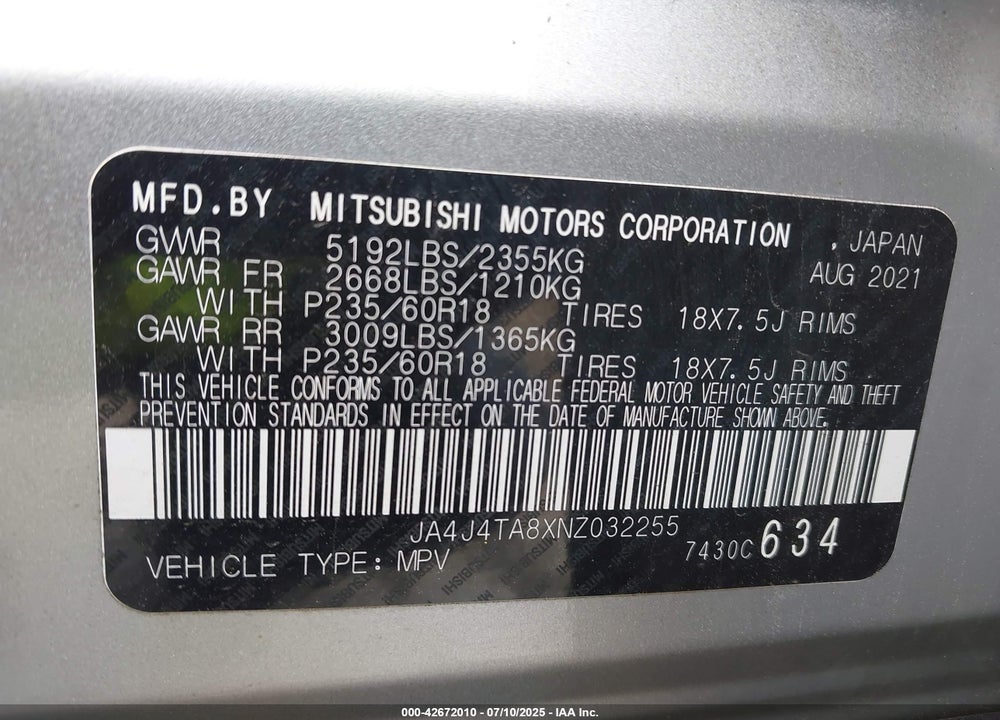 2022 MITSUBISHI OUTLANDER VIN: JA4J4TA8XNZ032255