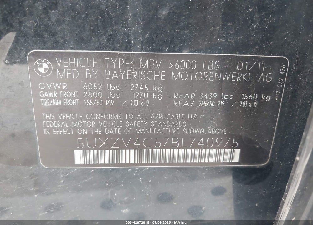 2011 BMW X5 VIN: 5UXZV4C57BL740975
