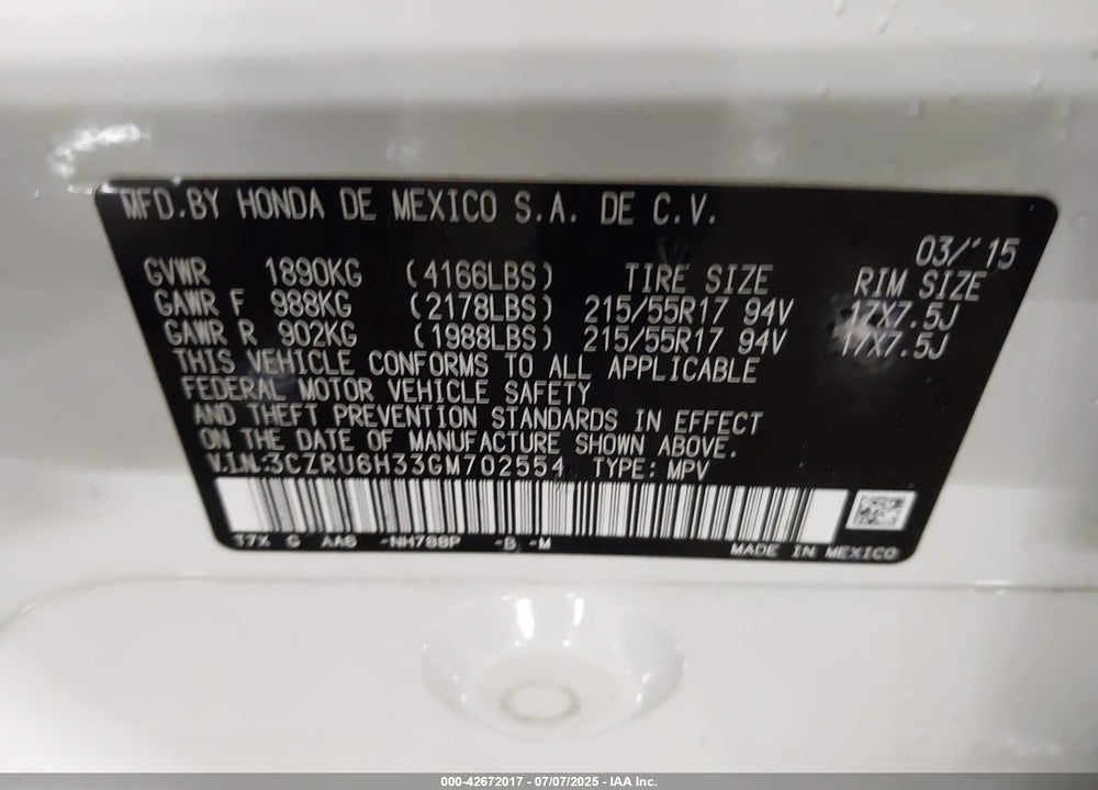 2016 HONDA HR-V VIN: 3CZRU6H33GM702554